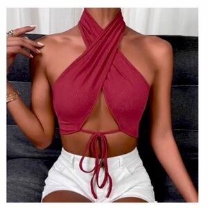 🪞 NEW luxe tie front wrap cross halter dressy crop top in red